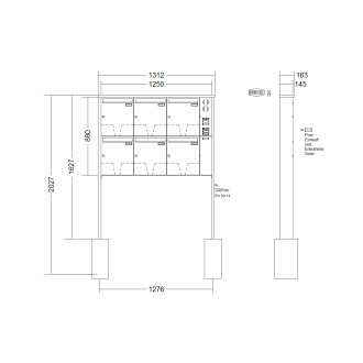Briefkastenanlage freistehend Renz Tetro 1-6 fach, Sprech - Klingel: mit Sprech Klingel, Montageart: zum Einbetonieren, Kastengröße: 370 x 440 x 145mm ( 23 Liter ), Teilnehmer: 6 Teilnehmer, Anlagenfarbe: Edelstahl V4A