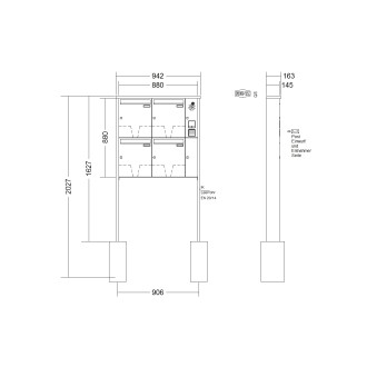 Briefkastenanlage freistehend Renz Tetro 1-6 fach, Sprech - Klingel: mit Sprech Klingel, Montageart: zum Einbetonieren, Kastengröße: 370 x 440 x 145mm ( 23 Liter ), Teilnehmer: 4 Teilnehmer, Anlagenfarbe: Standard Farben