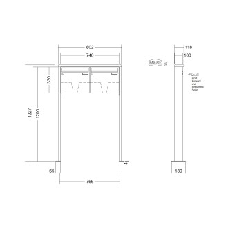 Briefkastenanlage freistehend Renz Tetro 1-6 fach, Sprech - Klingel: ohne Sprech - Klingel, Montageart: zum Aufschrauben, Kastengröße: 370 x 330 x 100mm ( 12 Liter ), Teilnehmer: 2 Teilnehmer, Anlagenfarbe: Standard Farben