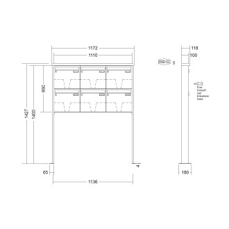 Briefkastenanlage freistehend Renz Tetro 1-6 fach, Sprech - Klingel: ohne Sprech - Klingel, Montageart: zum Aufschrauben, Kastengröße: 370 x 330 x 100mm ( 12 Liter ), Teilnehmer: 6 Teilnehmer, Anlagenfarbe: Standard Farben