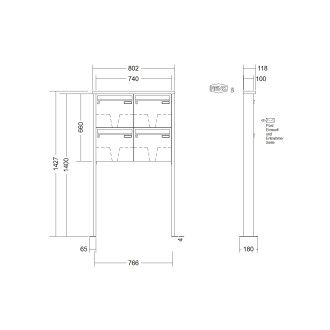 Briefkastenanlage freistehend Renz Tetro 1-6 fach, Sprech - Klingel: ohne Sprech - Klingel, Montageart: zum Aufschrauben, Kastengröße: 370 x 330 x 100mm ( 12 Liter ), Teilnehmer: 4 Teilnehmer, Anlagenfarbe: Edelstahl V4A