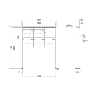 Briefkastenanlage freistehend Renz Tetro 1-6 fach, Sprech - Klingel: ohne Sprech - Klingel, Montageart: zum Aufschrauben, Kastengröße: 370 x 330 x 100mm ( 12 Liter ), Teilnehmer: 5 Teilnehmer, Anlagenfarbe: Edelstahl V4A