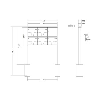 Briefkastenanlage freistehend Renz Tetro 1-6 fach, Sprech - Klingel: ohne Sprech - Klingel, Montageart: zum Einbetonieren, Kastengröße: 370 x 330 x 100mm ( 12 Liter ), Teilnehmer: 5 Teilnehmer, Anlagenfarbe: Edelstahl V4A