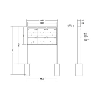 Briefkastenanlage freistehend Renz Tetro 1-6 fach, Sprech - Klingel: ohne Sprech - Klingel, Montageart: zum Einbetonieren, Kastengröße: 370 x 330 x 100mm ( 12 Liter ), Teilnehmer: 6 Teilnehmer, Anlagenfarbe: Edelstahl V4A