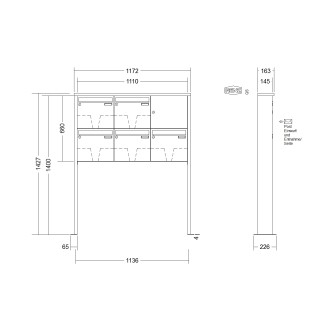 Briefkastenanlage freistehend Renz Tetro 1-6 fach, Sprech - Klingel: ohne Sprech - Klingel, Montageart: zum Aufschrauben, Kastengröße: 370 x 330 x 145mm ( 17 Liter ), Teilnehmer: 5 Teilnehmer, Anlagenfarbe: Standard Farben