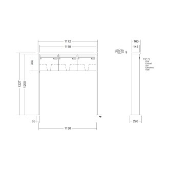 Briefkastenanlage freistehend Renz Tetro 1-6 fach, Sprech - Klingel: ohne Sprech - Klingel, Montageart: zum Aufschrauben, Kastengröße: 370 x 330 x 145mm ( 17 Liter ), Teilnehmer: 3 Teilnehmer, Anlagenfarbe: Edelstahl V4A