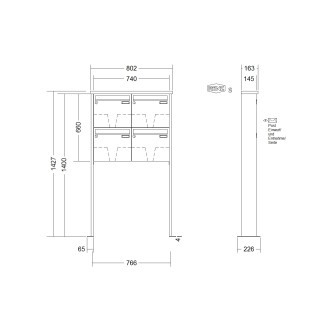 Briefkastenanlage freistehend Renz Tetro 1-6 fach, Sprech - Klingel: ohne Sprech - Klingel, Montageart: zum Aufschrauben, Kastengröße: 370 x 330 x 145mm ( 17 Liter ), Teilnehmer: 4 Teilnehmer, Anlagenfarbe: Edelstahl V4A