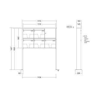 Briefkastenanlage freistehend Renz Tetro 1-6 fach, Sprech - Klingel: ohne Sprech - Klingel, Montageart: zum Aufschrauben, Kastengröße: 370 x 330 x 145mm ( 17 Liter ), Teilnehmer: 5 Teilnehmer, Anlagenfarbe: Edelstahl V4A