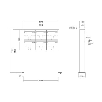 Briefkastenanlage freistehend Renz Tetro 1-6 fach, Sprech - Klingel: ohne Sprech - Klingel, Montageart: zum Aufschrauben, Kastengröße: 370 x 330 x 145mm ( 17 Liter ), Teilnehmer: 6 Teilnehmer, Anlagenfarbe: Edelstahl V4A