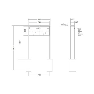 Briefkastenanlage freistehend Renz Tetro 1-6 fach, Sprech - Klingel: ohne Sprech - Klingel, Montageart: zum Einbetonieren, Kastengröße: 370 x 330 x 145mm ( 17 Liter ), Teilnehmer: 2 Teilnehmer, Anlagenfarbe: Edelstahl V4A