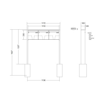 Briefkastenanlage freistehend Renz Tetro 1-6 fach, Sprech - Klingel: ohne Sprech - Klingel, Montageart: zum Einbetonieren, Kastengröße: 370 x 330 x 145mm ( 17 Liter ), Teilnehmer: 3 Teilnehmer, Anlagenfarbe: Edelstahl V4A