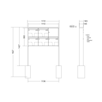 Briefkastenanlage freistehend Renz Tetro 1-6 fach, Sprech - Klingel: ohne Sprech - Klingel, Montageart: zum Einbetonieren, Kastengröße: 370 x 330 x 145mm ( 17 Liter ), Teilnehmer: 5 Teilnehmer, Anlagenfarbe: Edelstahl V4A