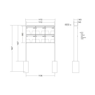 Briefkastenanlage freistehend Renz Tetro 1-6 fach, Sprech - Klingel: ohne Sprech - Klingel, Montageart: zum Einbetonieren, Kastengröße: 370 x 330 x 145mm ( 17 Liter ), Teilnehmer: 6 Teilnehmer, Anlagenfarbe: Edelstahl V4A