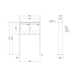 Briefkastenanlage freistehend Renz Tetro 1-6 fach, Sprech - Klingel: ohne Sprech - Klingel, Montageart: zum Aufschrauben, Kastengröße: 370 x 440 x 145mm ( 23 Liter ), Teilnehmer: 2 Teilnehmer, Anlagenfarbe: Edelstahl V4A