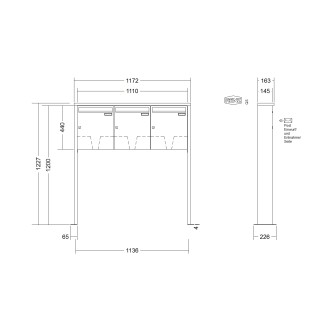 Briefkastenanlage freistehend Renz Tetro 1-6 fach, Sprech - Klingel: ohne Sprech - Klingel, Montageart: zum Aufschrauben, Kastengröße: 370 x 440 x 145mm ( 23 Liter ), Teilnehmer: 3 Teilnehmer, Anlagenfarbe: Edelstahl V4A