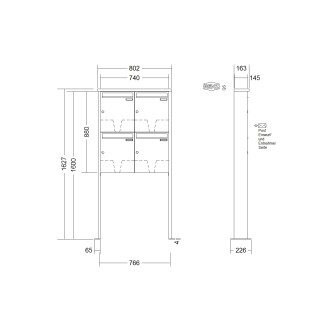 Briefkastenanlage freistehend Renz Tetro 1-6 fach, Sprech - Klingel: ohne Sprech - Klingel, Montageart: zum Aufschrauben, Kastengröße: 370 x 440 x 145mm ( 23 Liter ), Teilnehmer: 4 Teilnehmer, Anlagenfarbe: Edelstahl V4A