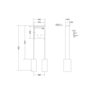 Briefkastenanlage freistehend Renz Tetro 1-6 fach, Sprech - Klingel: ohne Sprech - Klingel, Montageart: zum Einbetonieren, Kastengröße: 370 x 440 x 145mm ( 23 Liter ), Teilnehmer: 1 Teilnehmer, Anlagenfarbe: Edelstahl V4A