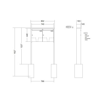 Briefkastenanlage freistehend Renz Tetro 1-6 fach, Sprech - Klingel: ohne Sprech - Klingel, Montageart: zum Einbetonieren, Kastengröße: 370 x 440 x 145mm ( 23 Liter ), Teilnehmer: 2 Teilnehmer, Anlagenfarbe: Edelstahl V4A