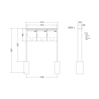 Briefkastenanlage freistehend Renz Tetro 1-6 fach, Sprech - Klingel: ohne Sprech - Klingel, Montageart: zum Einbetonieren, Kastengröße: 370 x 440 x 145mm ( 23 Liter ), Teilnehmer: 3 Teilnehmer, Anlagenfarbe: Edelstahl V4A