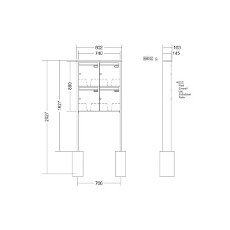 Briefkastenanlage freistehend Renz Tetro 1-6 fach, Sprech - Klingel: ohne Sprech - Klingel, Montageart: zum Einbetonieren, Kastengröße: 370 x 440 x 145mm ( 23 Liter ), Teilnehmer: 4 Teilnehmer, Anlagenfarbe: Edelstahl V4A