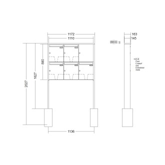 Briefkastenanlage freistehend Renz Tetro 1-6 fach, Sprech - Klingel: ohne Sprech - Klingel, Montageart: zum Einbetonieren, Kastengröße: 370 x 440 x 145mm ( 23 Liter ), Teilnehmer: 5 Teilnehmer, Anlagenfarbe: Edelstahl V4A