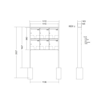Briefkastenanlage freistehend Renz Tetro 1-6 fach, Sprech - Klingel: ohne Sprech - Klingel, Montageart: zum Einbetonieren, Kastengröße: 370 x 440 x 145mm ( 23 Liter ), Teilnehmer: 6 Teilnehmer, Anlagenfarbe: Edelstahl V4A