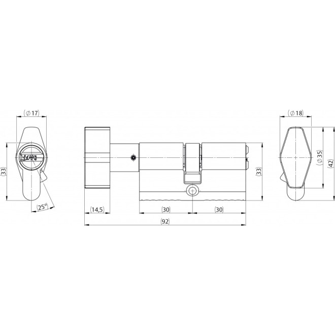 IKON RW6 Knaufzylinder H534,KNF=95 technische Zeichnung